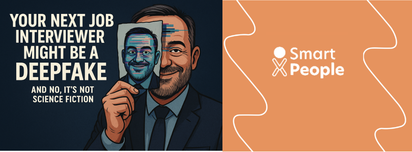Professional businessman in suit holding tablet displaying AI-generated deepfake face next to Smart People logo with text "Your Next Job Interviewer Might Be a Deepfake - And No, It's Not Science Fiction"