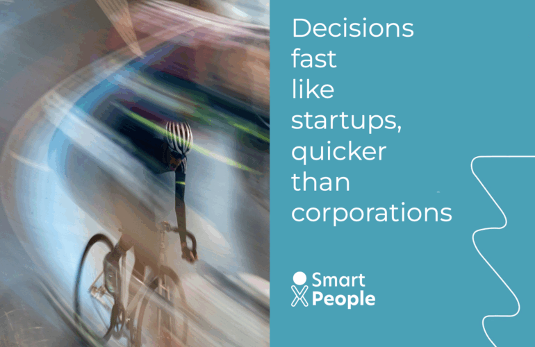 High-speed decision making in startups versus slow corporate processes – comparison showing agile startup team working efficiently.